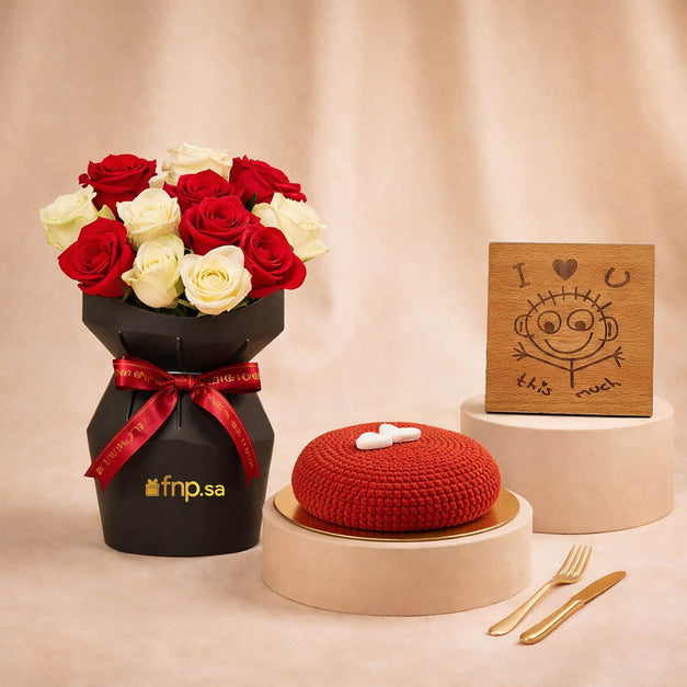  Love Roses Bouquet with Red Cake n Table Top
