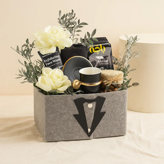 Men's Gift Box with White Roses & Coffee