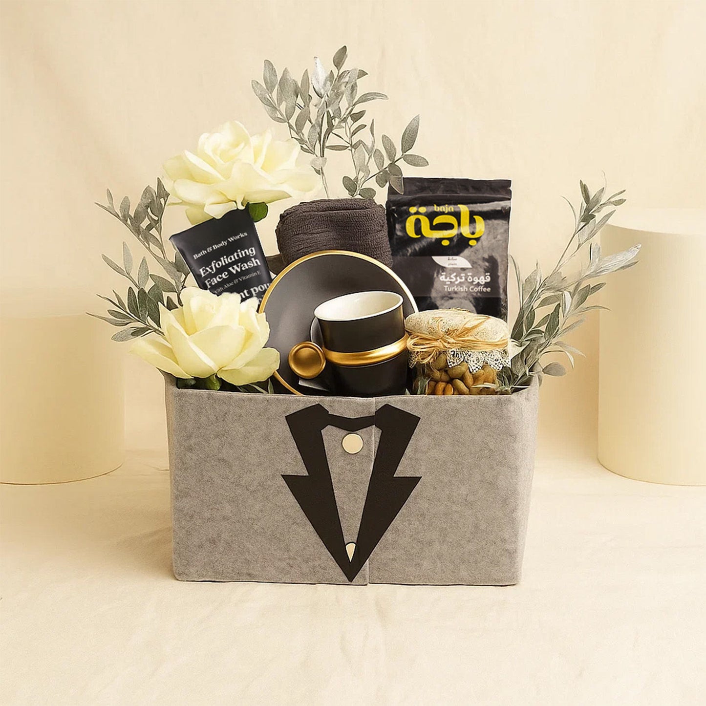 Men's Gift Box with White Roses & Coffee