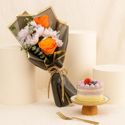 Mini Cake Raspberry n Flower Bouquet Set 