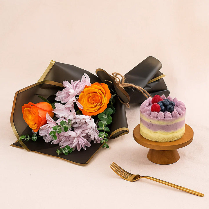 Mini Cake Raspberry n Flower Bouquet Set 
