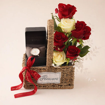 سلة ورد و ساعة تيتان هدية رجالية