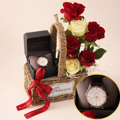 سلة ورد و ساعة تيتان هدية رجالية