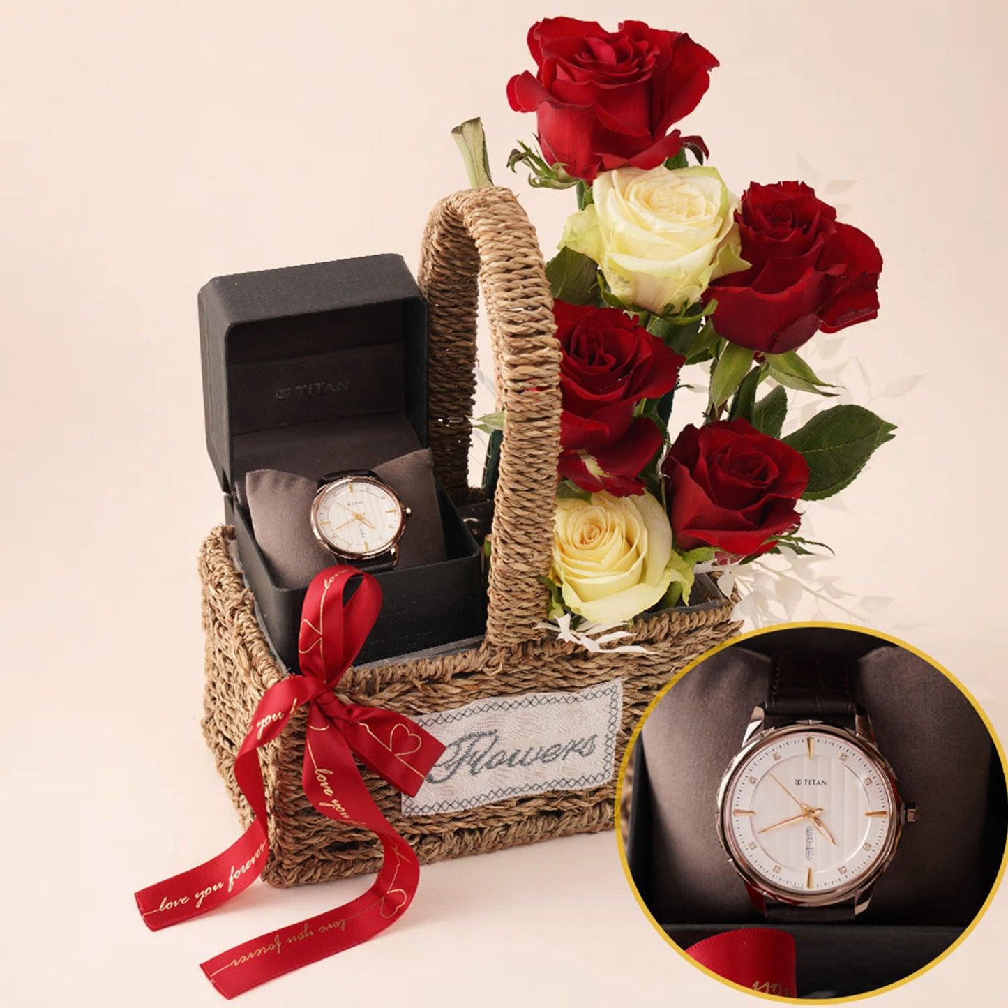 سلة ورد و ساعة تيتان هدية رجالية