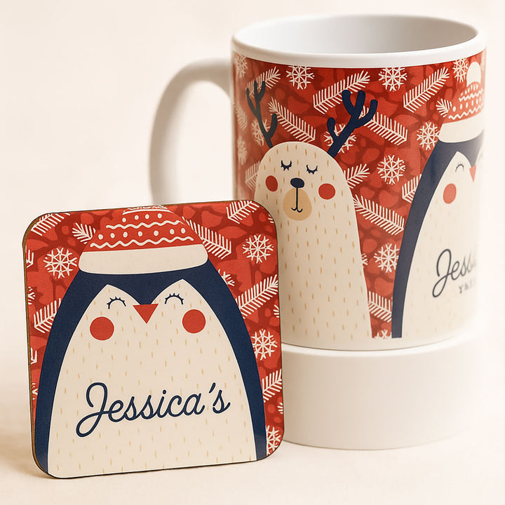 Cute Reindeer Name Personalized Mug n Coaster | Red