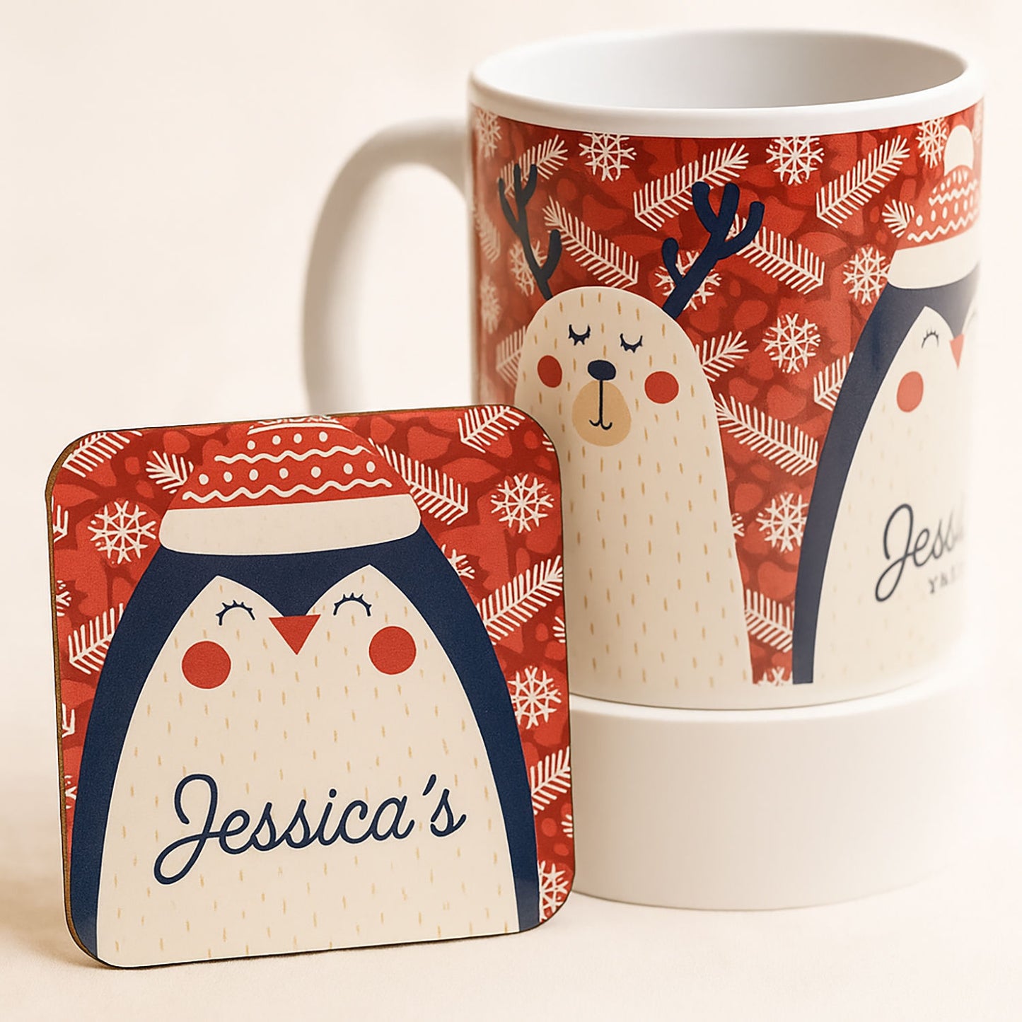 Cute Reindeer Name Personalized Mug n Coaster | Red