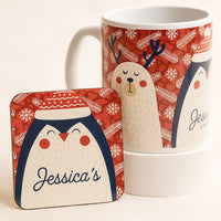Cute Reindeer Name Personalized Mug n Coaster | Red
