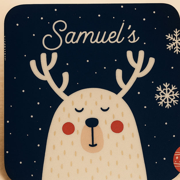 Cute Reindeer Name Personalized Mug n Coaster | Blue