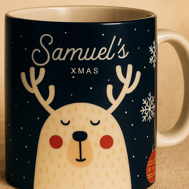Cute Reindeer Name Personalized Mug n Coaster | Blue