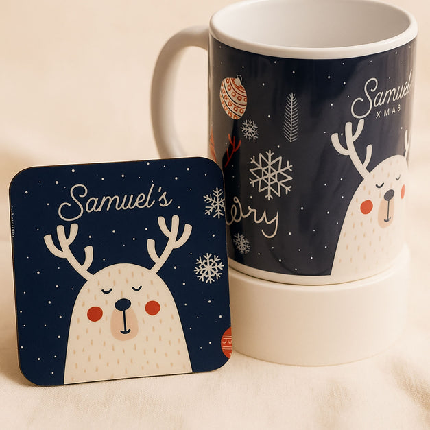 Cute Reindeer Name Personalized Mug n Coaster | Blue