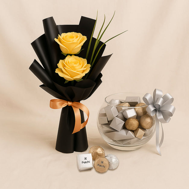 Patchi Chocolate Bowl n Yellow Rose Flower Bouquet