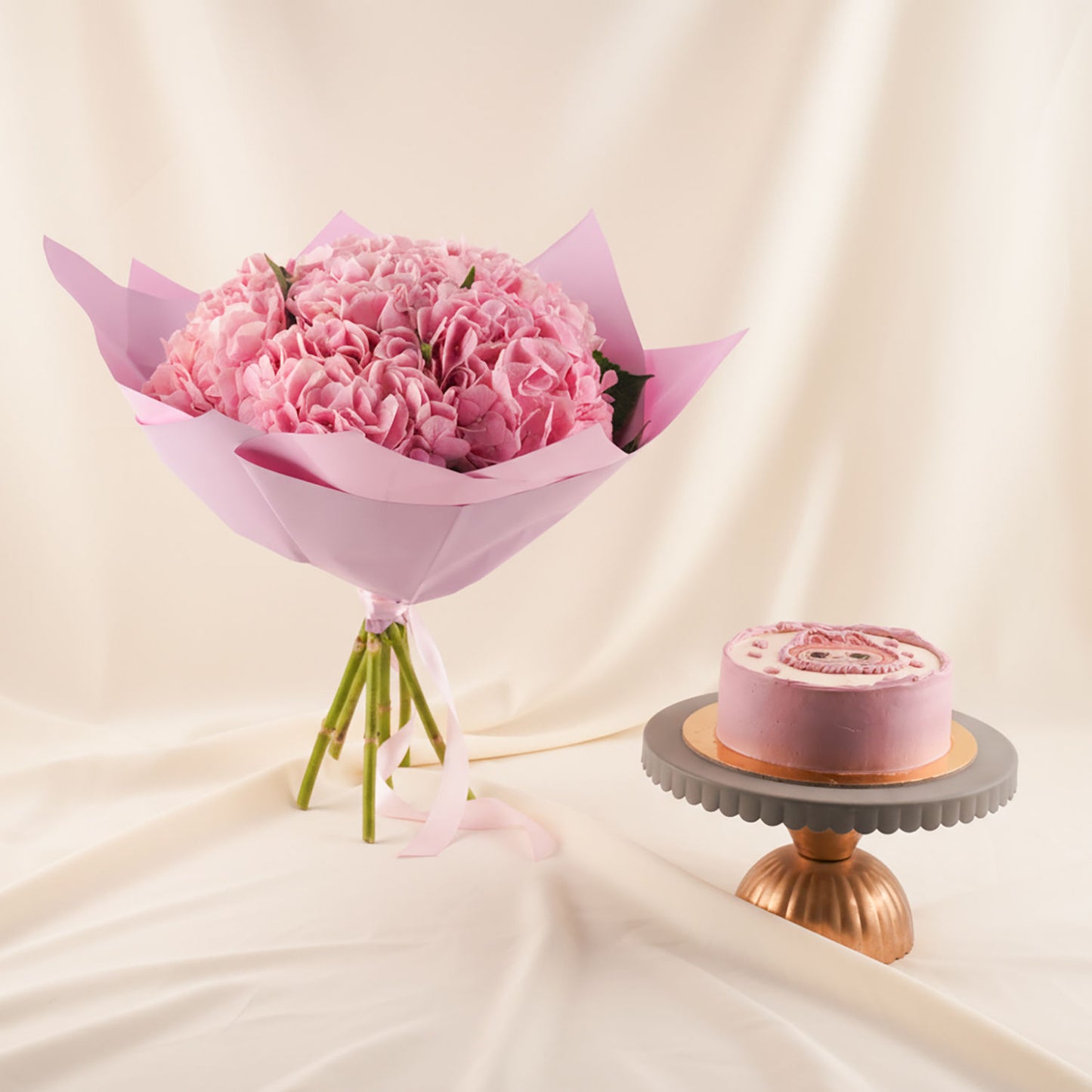 Pink Hydrangea Dream Flowers n Labubu Cake