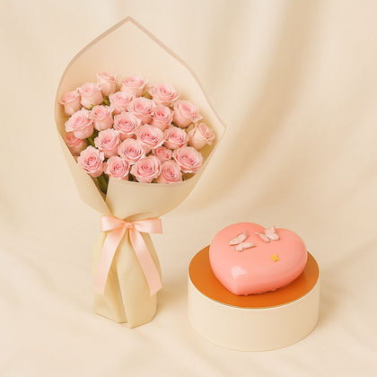 Pink Spray Rose n Heart Shape Cake Combo 