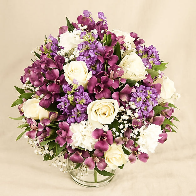 Purple Matthiola n Roses Harmony Vase