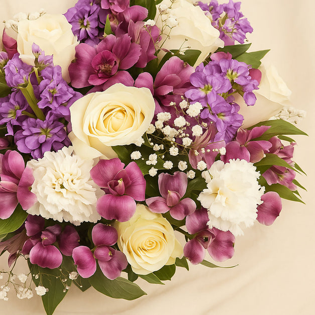 Purple Matthiola n Roses Harmony Vase