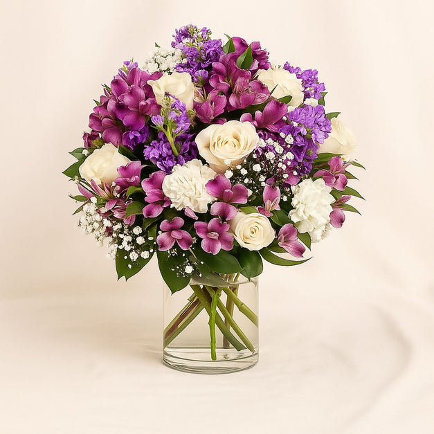 Purple Matthiola n Roses Harmony Vase