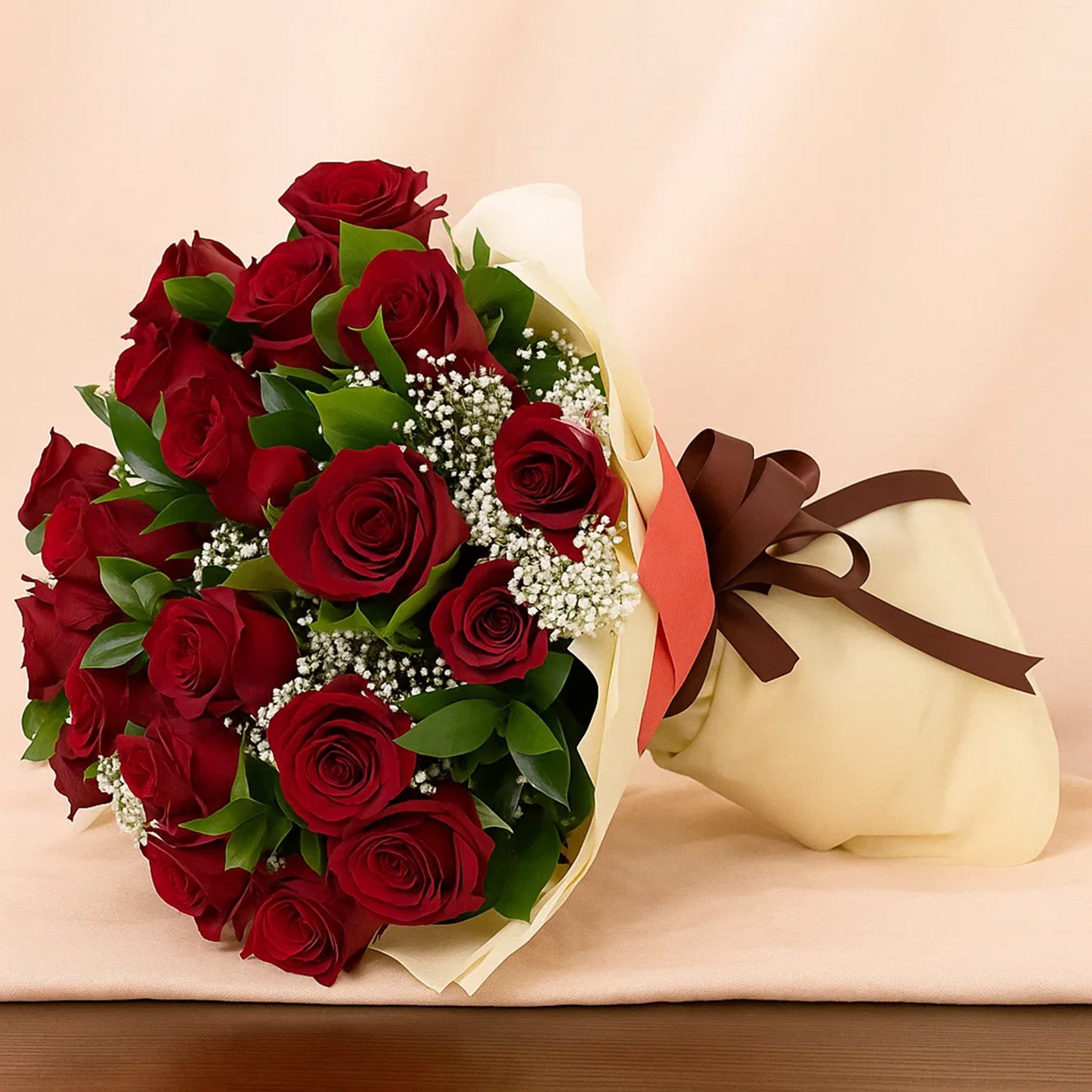 Red Roses Flower Bouquet Beige Wrap 