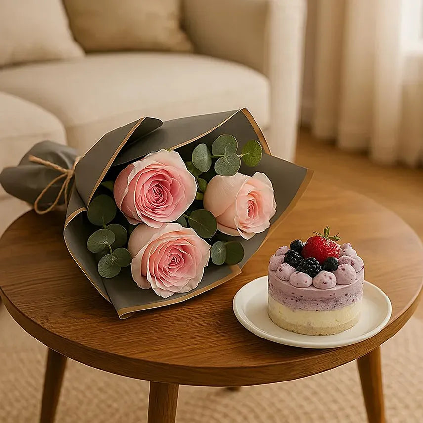 Rose Bouquet n Blueberry Mini Cake
