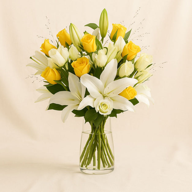 Sunlight Roses n White Lily Vase