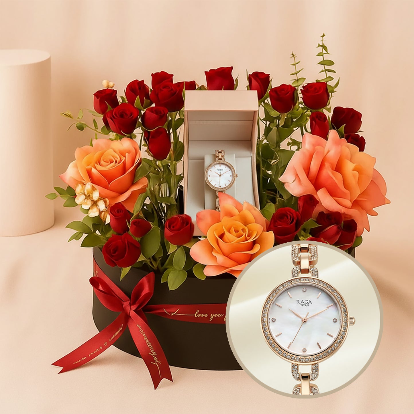 ورد و ساعة تيتان نسائية راغا شوستوبر بميناء لؤلؤي