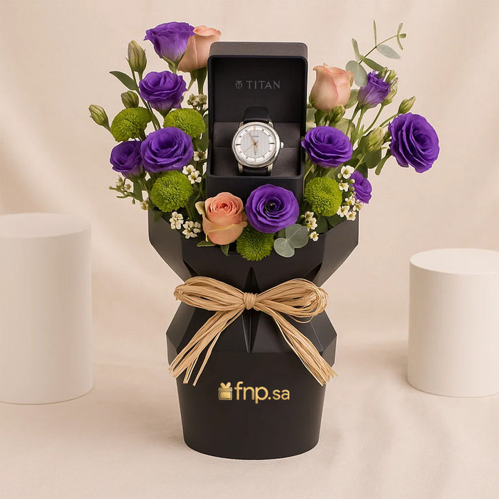 Titan Off-White Dial Men's Watch n Flower Bouquet 