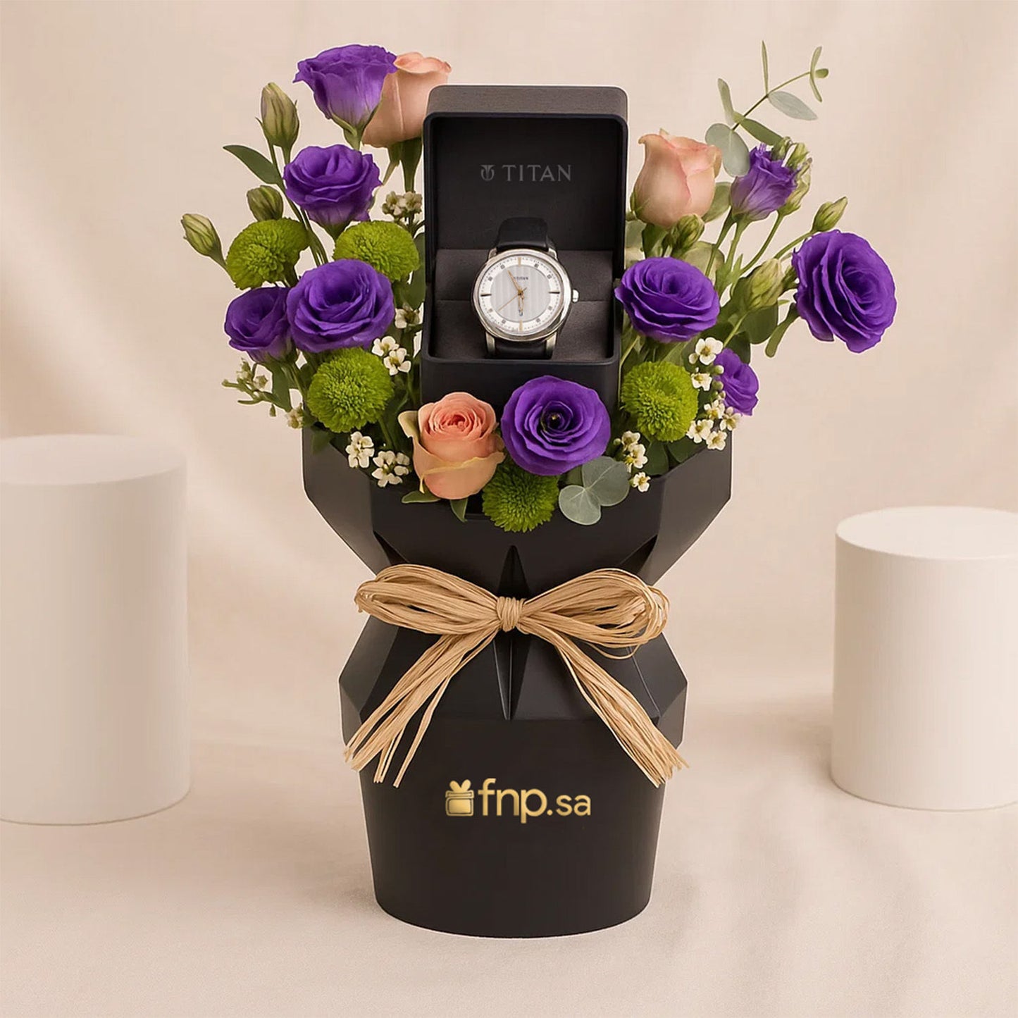 Titan Off-White Dial Men's Watch n Flower Bouquet 