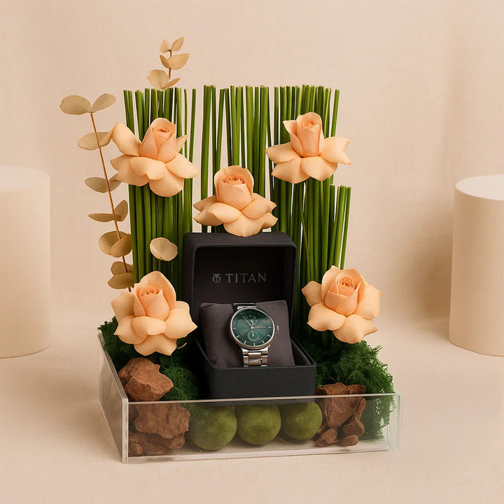 ساعة يد نسائية تيتان كاجوال مع باقة ورد