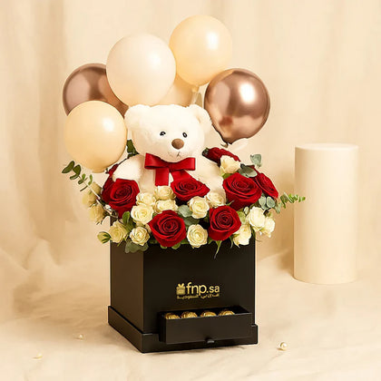 Teddy n Balloons  Flower Box With Chocolates