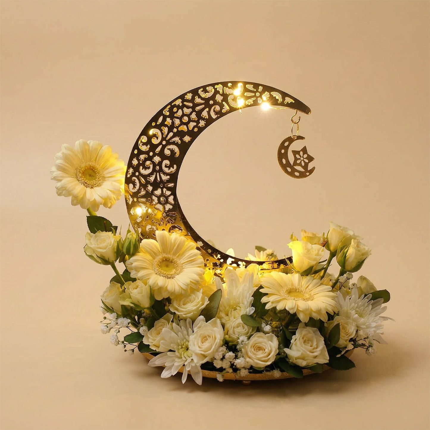 White Blooms in Golden Ramadan Crescent Tray