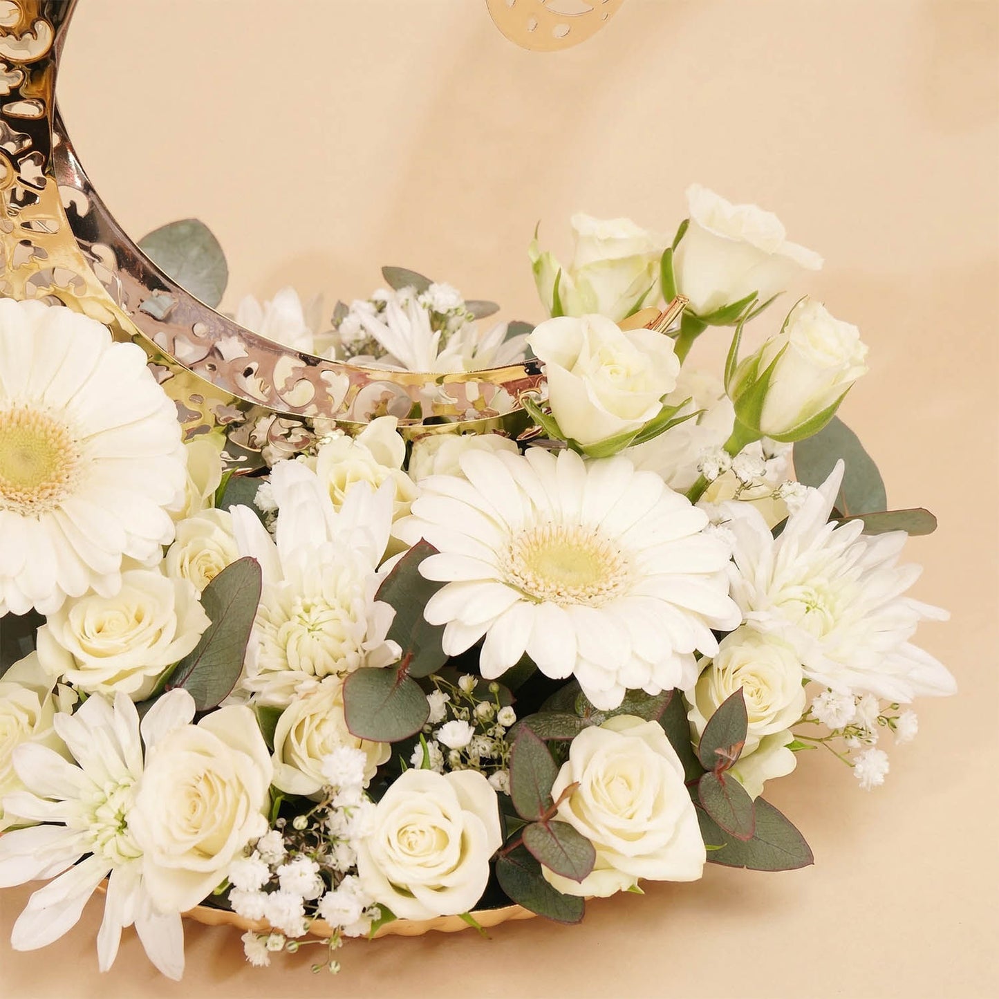 White Blooms in Golden Ramadan Crescent Tray