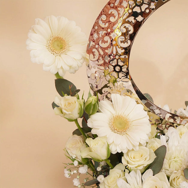 White Blooms in Golden Ramadan Crescent Tray