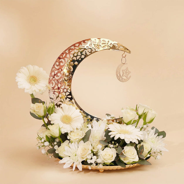White Blooms in Golden Ramadan Crescent Tray