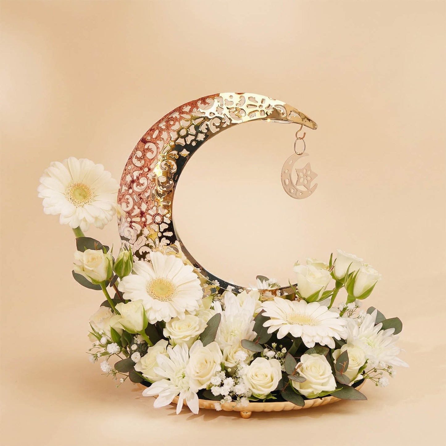 White Blooms in Golden Ramadan Crescent Tray