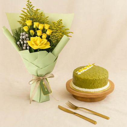 Yellow Elegance Flower Bouquet n Pistachio Cake
