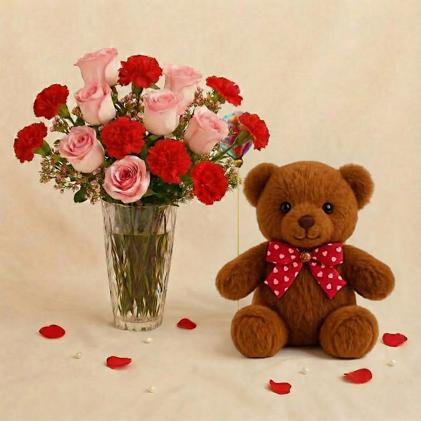 راقية | مزهرية 21 وردة حمراء و زهرية مع دبدوب