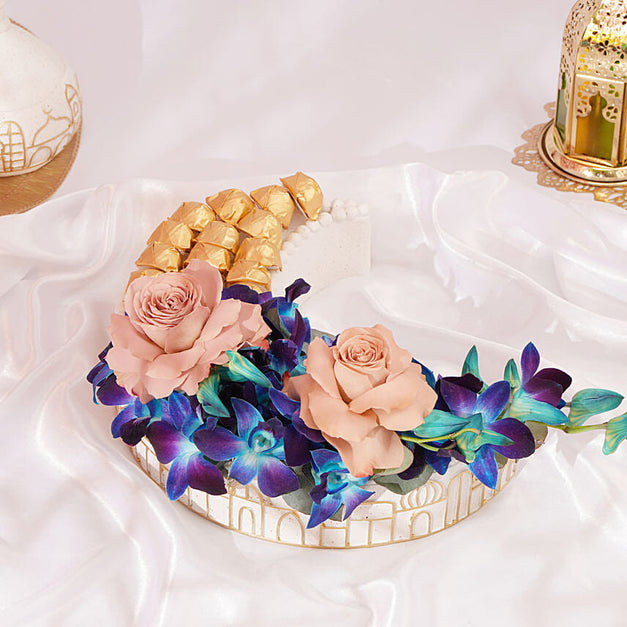 Orchid Crescent With Roses n Chocolates