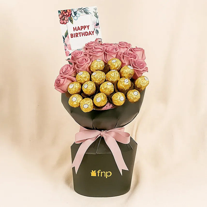 Pink Roses & Chocolate Birthday Bouquet