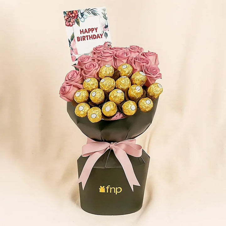 Pink Roses & Chocolate Birthday Bouquet