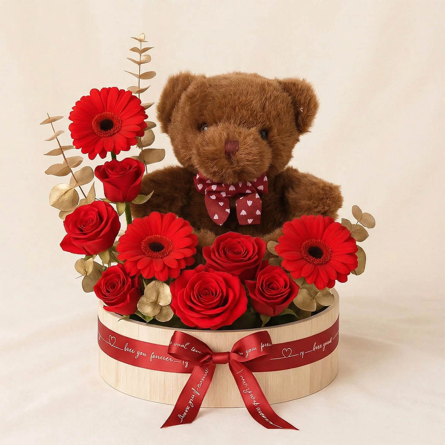 Sweet Teddy Bear Red Flower Basket