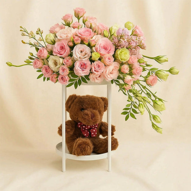 Blooming Rose Stand n Teddy Bear Combo 