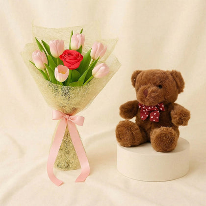 Red Rose n Tulip Bouquet With Teddy Bear