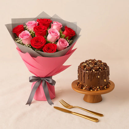 Mix Roses Flower Bouquet n Chocolate Cake