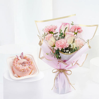 Pink Rose n Carnations With Mom Mini Cake