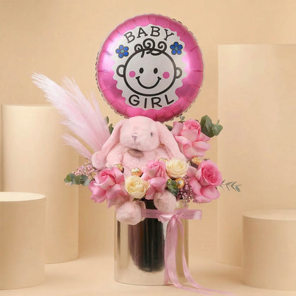 New Baby Girl Bloom Vase with Pink Balloon