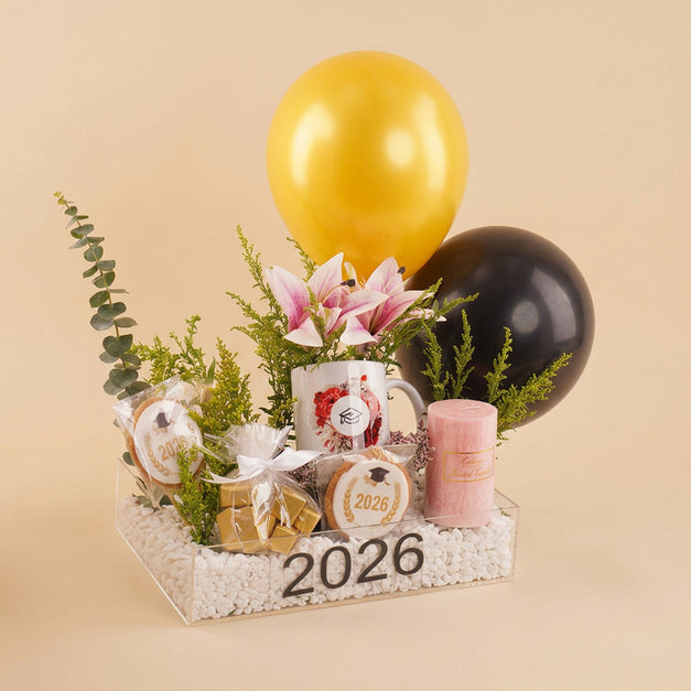 Pink Lily Women Graduation Gift Hamper n Balloons