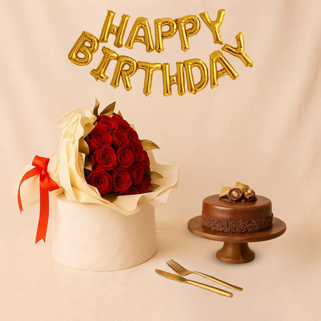 كومبو كيك الشوكولاتة مع بالونات وبوكيه ورد