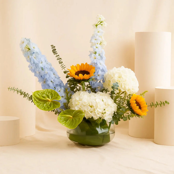 Sunflower n Hydrangea Bowl Arrangement