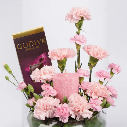 Pink Carnations With Godiva Chocolate n Candle 