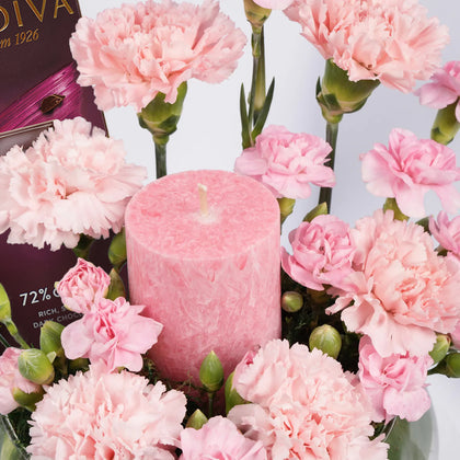 Pink Carnations With Godiva Chocolate n Candle 