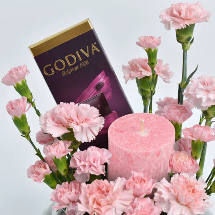 Pink Carnations With Godiva Chocolate n Candle 